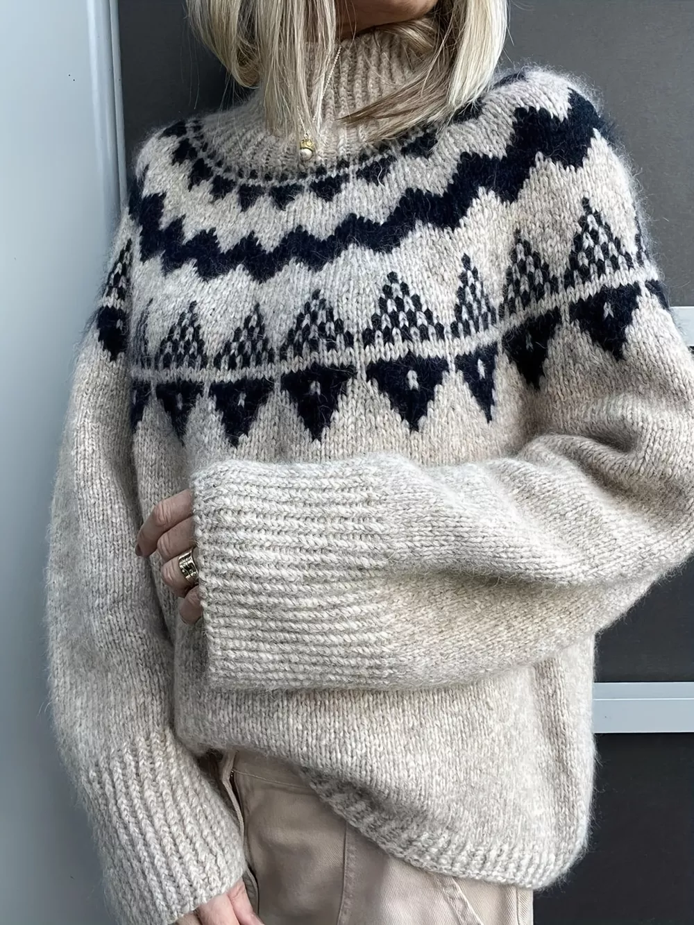 Nordic Pattern High Neck Sweater, image 3