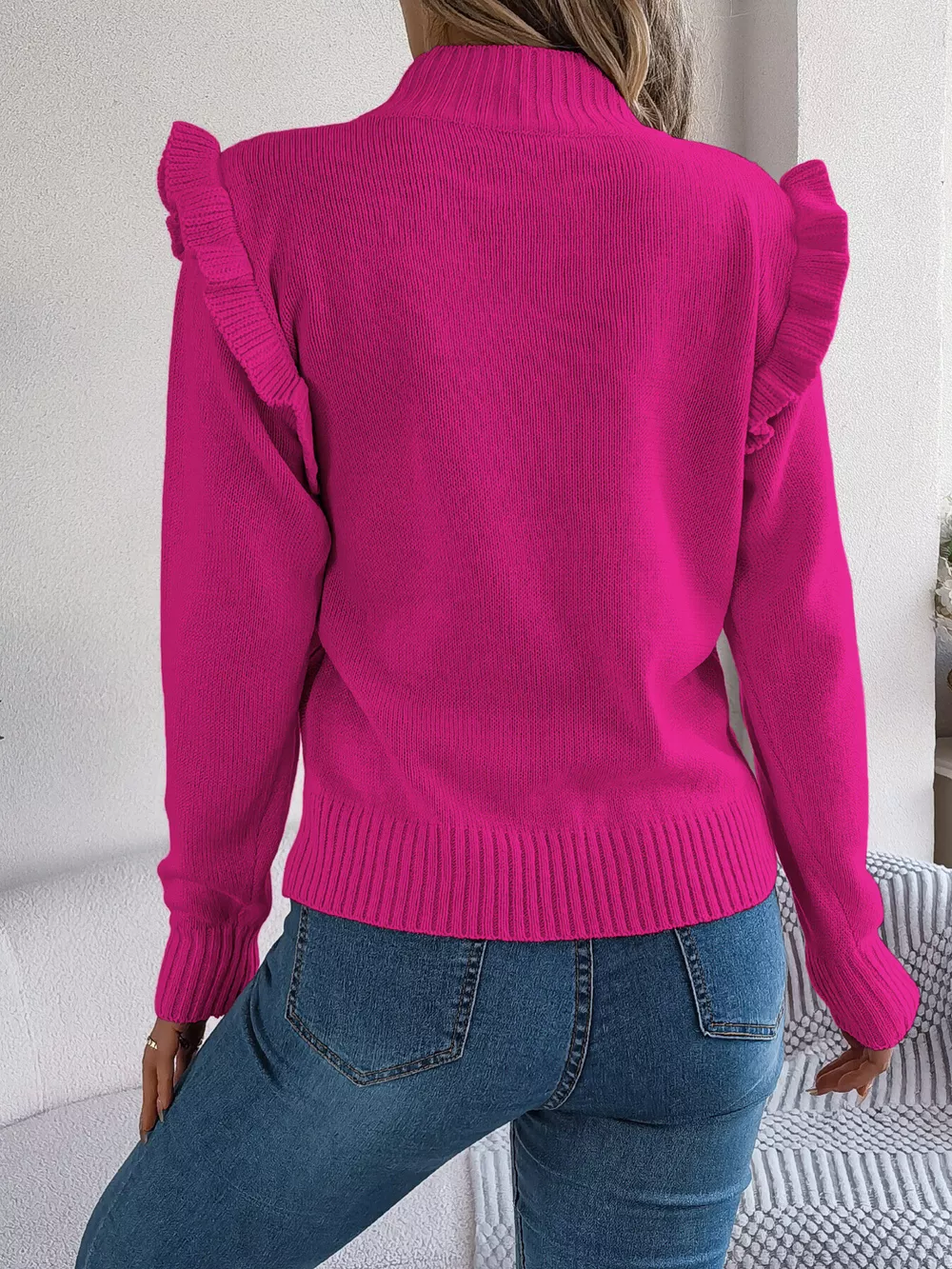 Mock Neck Ruffle Trim Long Sleeve Sweater, image 6