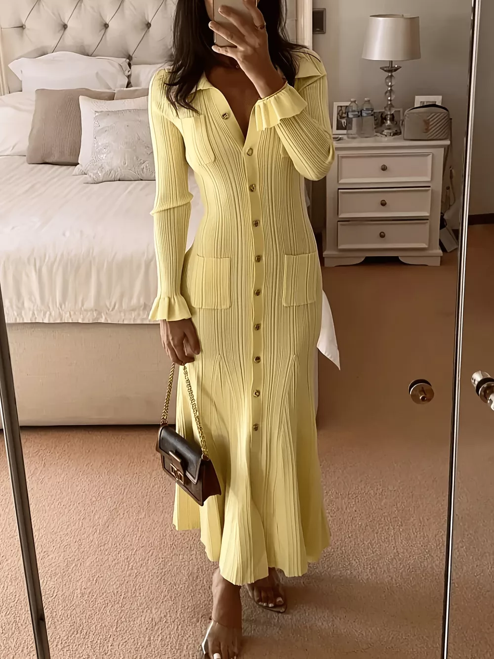 Button-Down Flounce Sleeve Sweater Dress, image 6