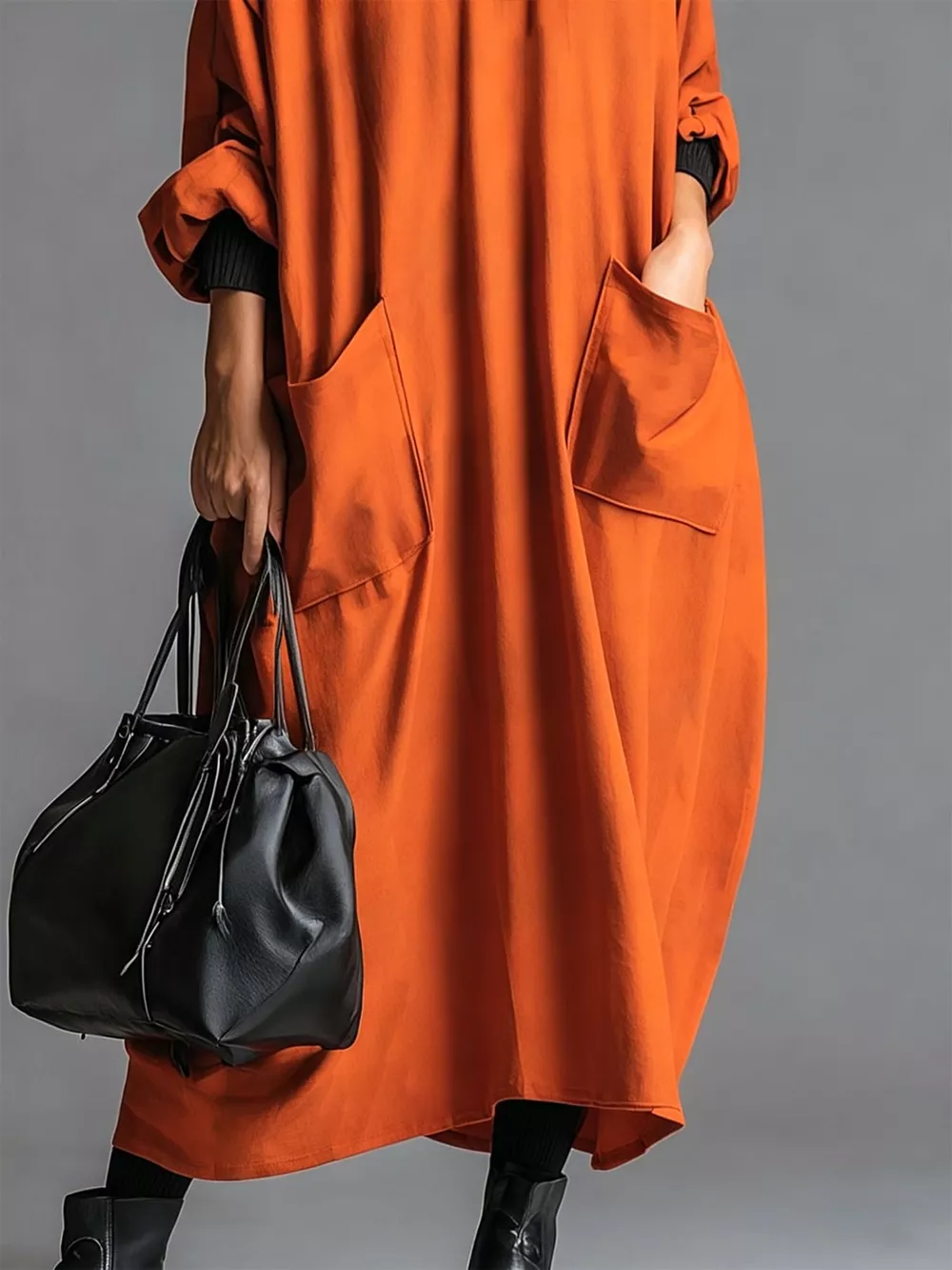 Full Size Loose-Fit Mock Neck Midi Dress with Pockets Plus Size, image 8