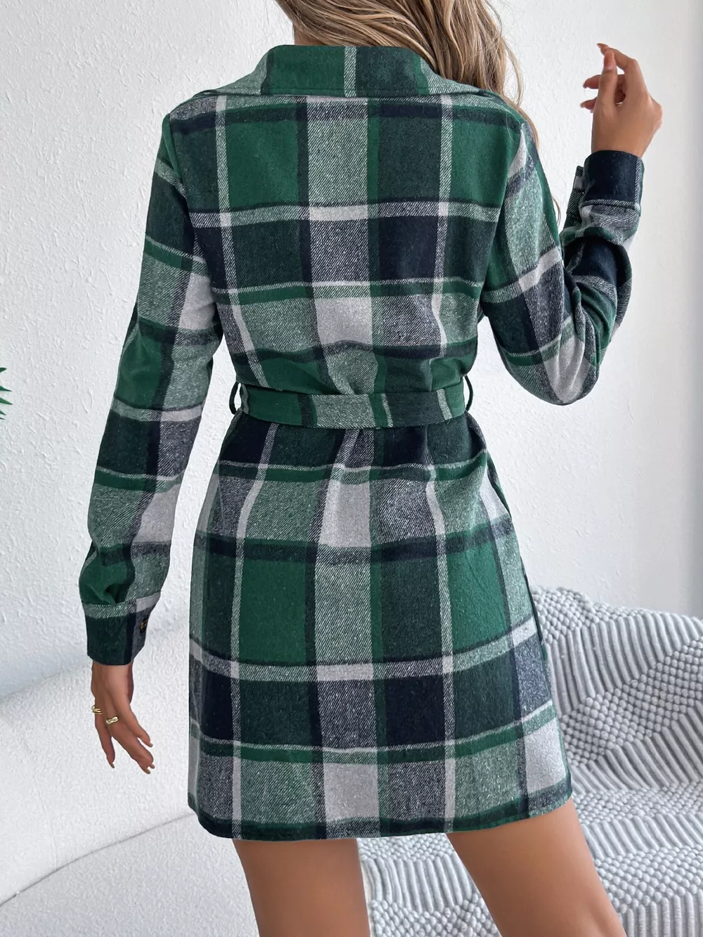 Plaid Button Front Tie Waist Shirt Dress, image 14