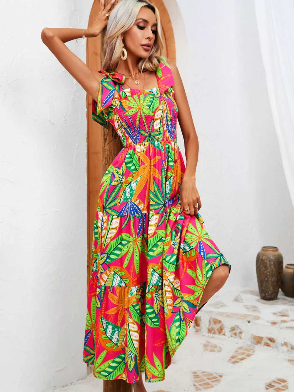 Tropical Print Smocked Tie-Strap Dress, image 5