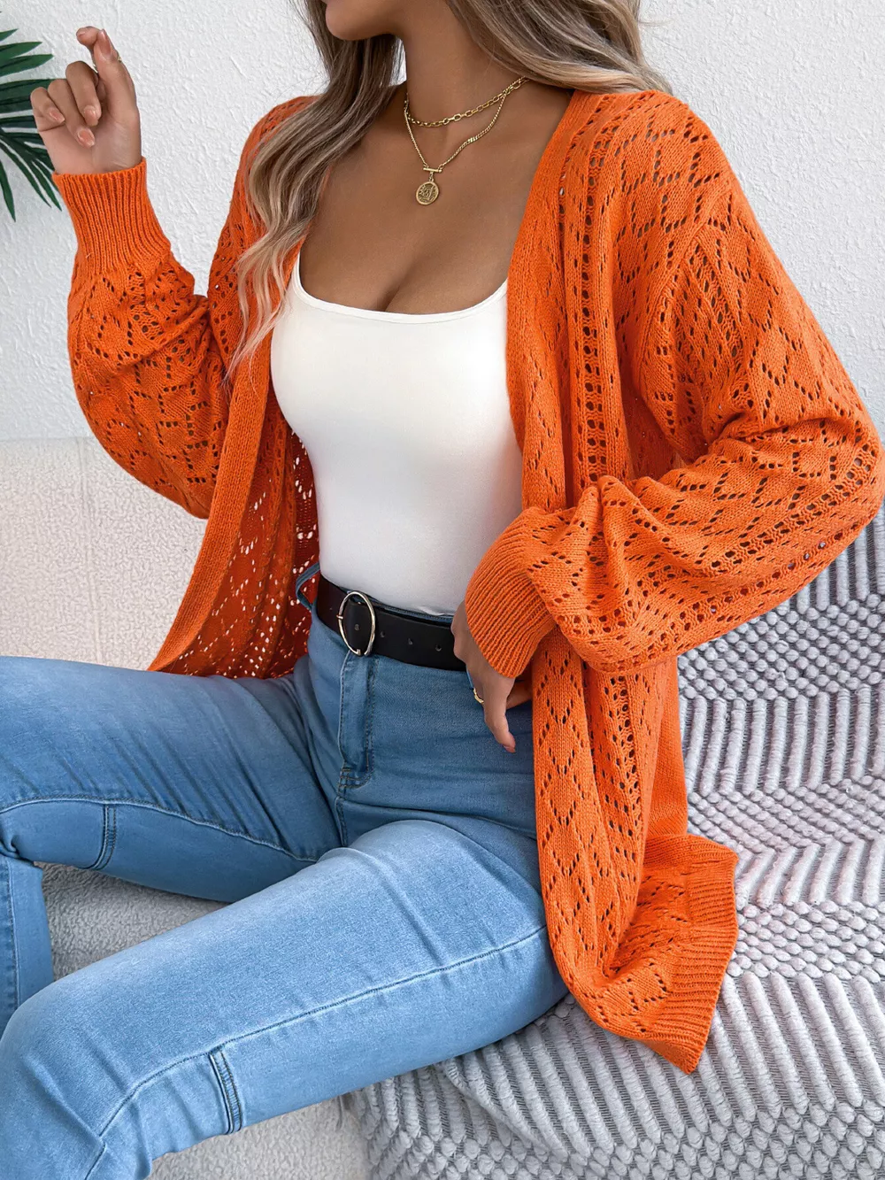 Openwork Open-Front Long Sleeve Cardigan, image 17