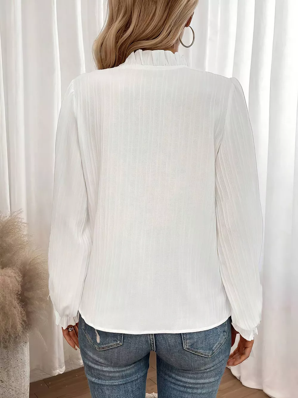 Ruffle Notched Long Sleeve Blouse, image 10