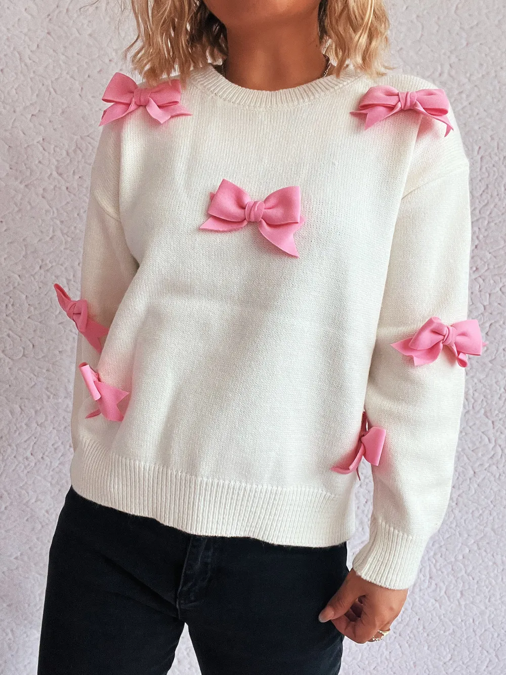 Bow Round Neck Long Sleeve Sweater, image 5