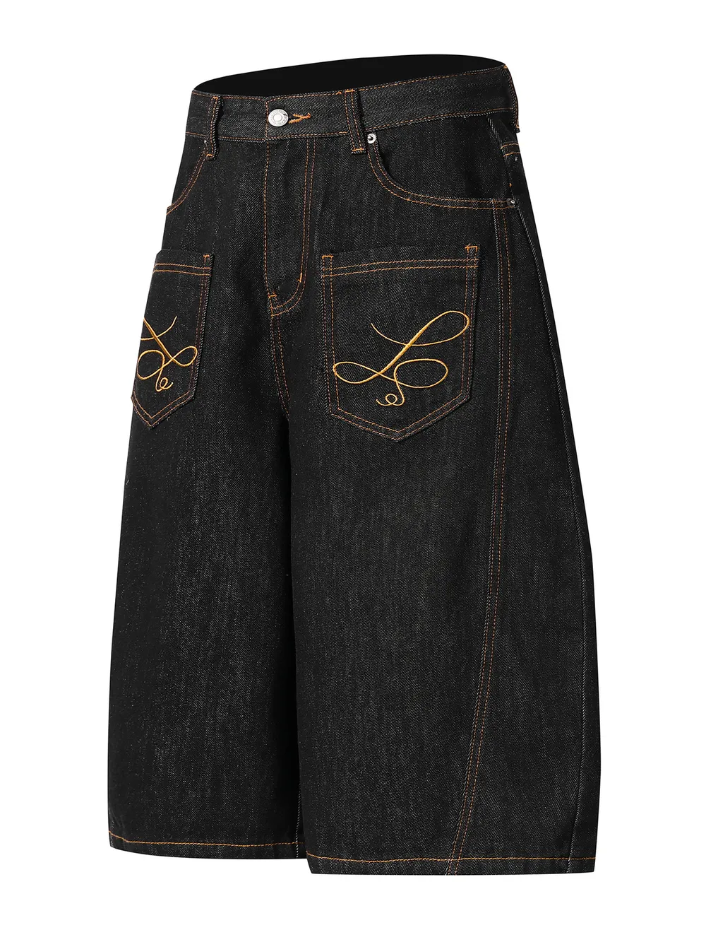 Men's Wide Leg Denim Shorts with Embroidered Pocket Detail, image 2