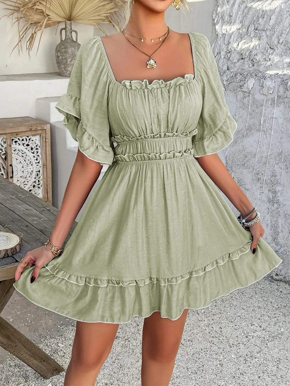 Square Neck Ruffle Trim Mini Dress, image 10
