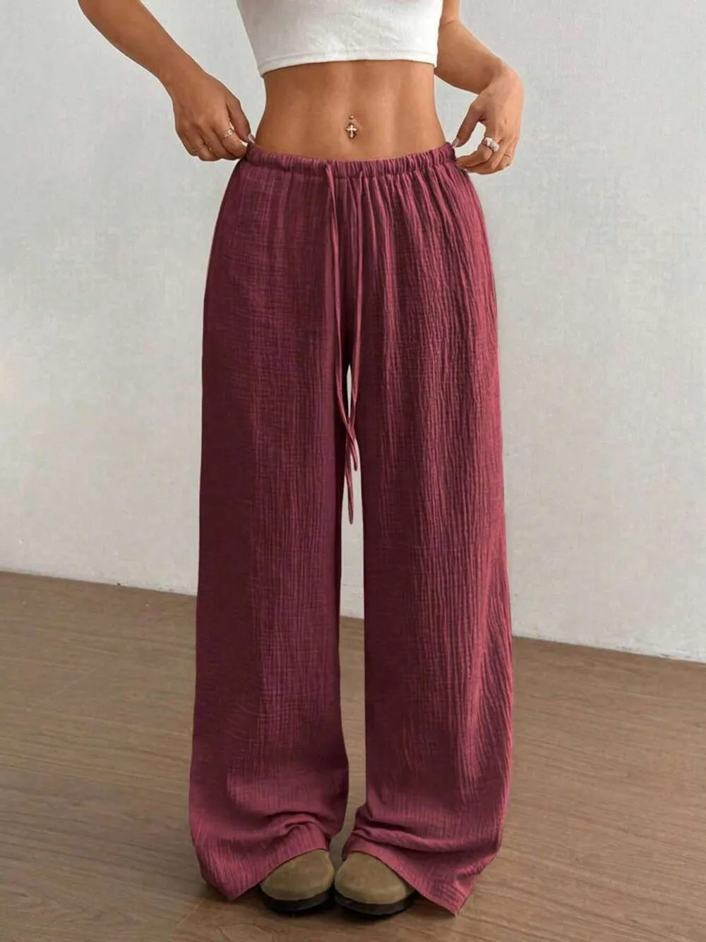 Wide Leg Drawstring Casual Pants