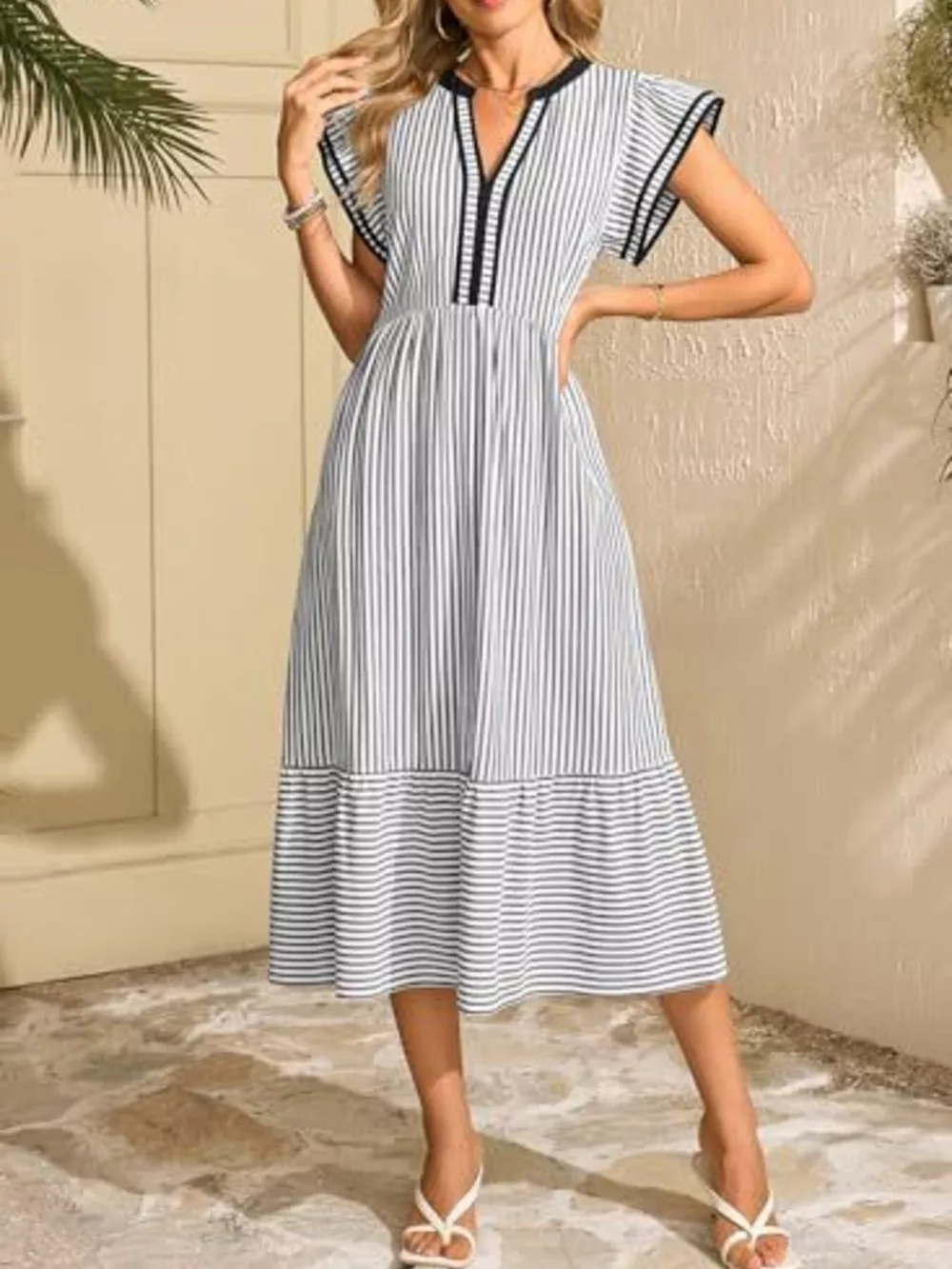 Striped Notched Ruffle Sleeve Dress, image 9