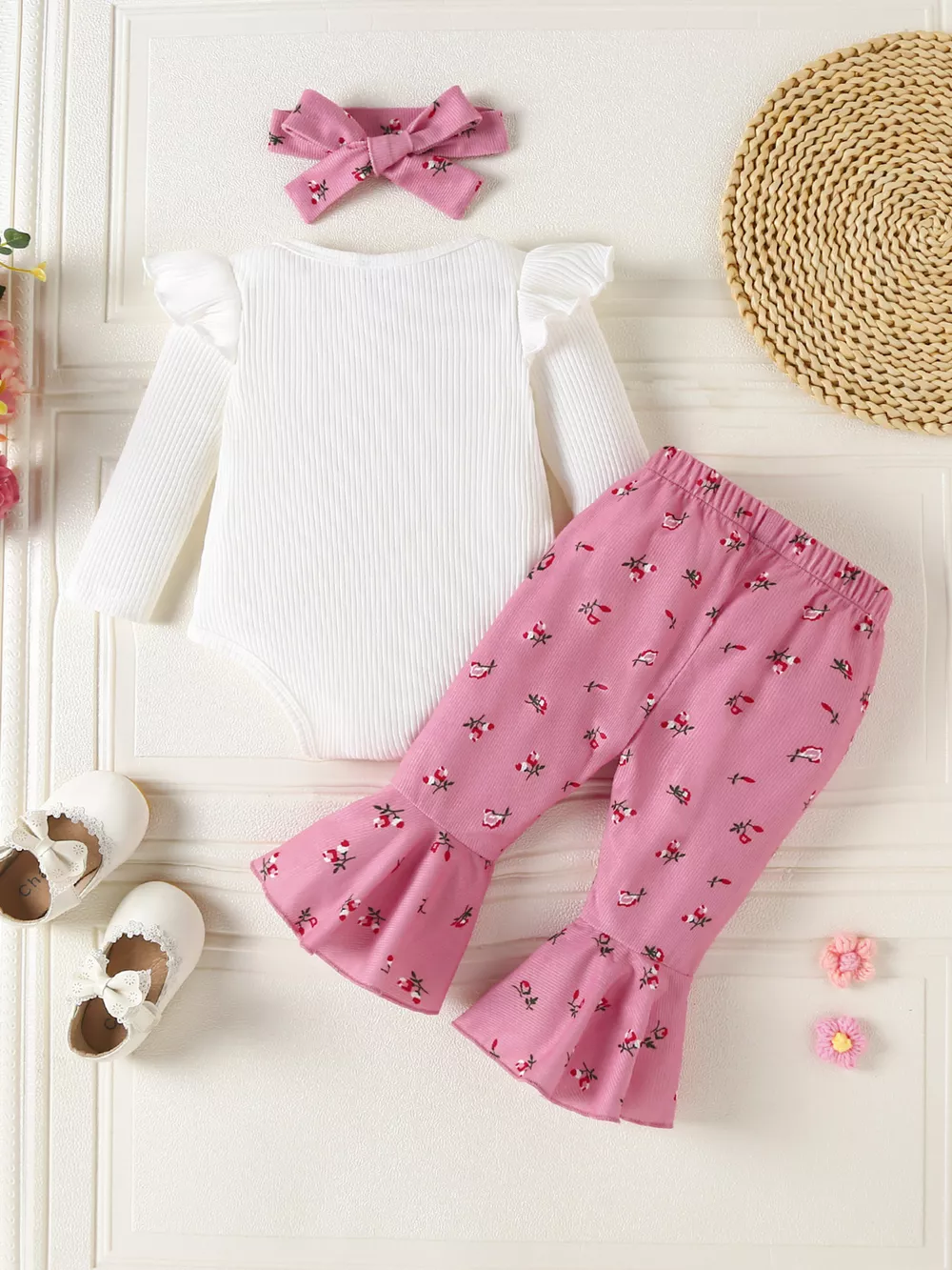 Children's Ruffled Bodysuit and Floral Pants Outfit Set with Headband, image 2