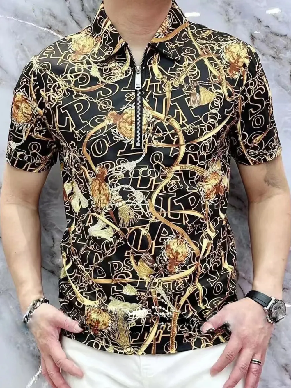 Men's Full Size Printed Quarter Zip Short Sleeve Polo Plus Size