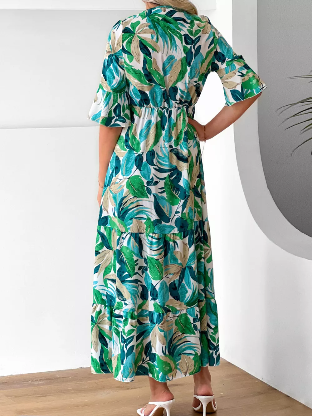 Tropical Leaf Print Half Sleeve Midi Dress, image 3