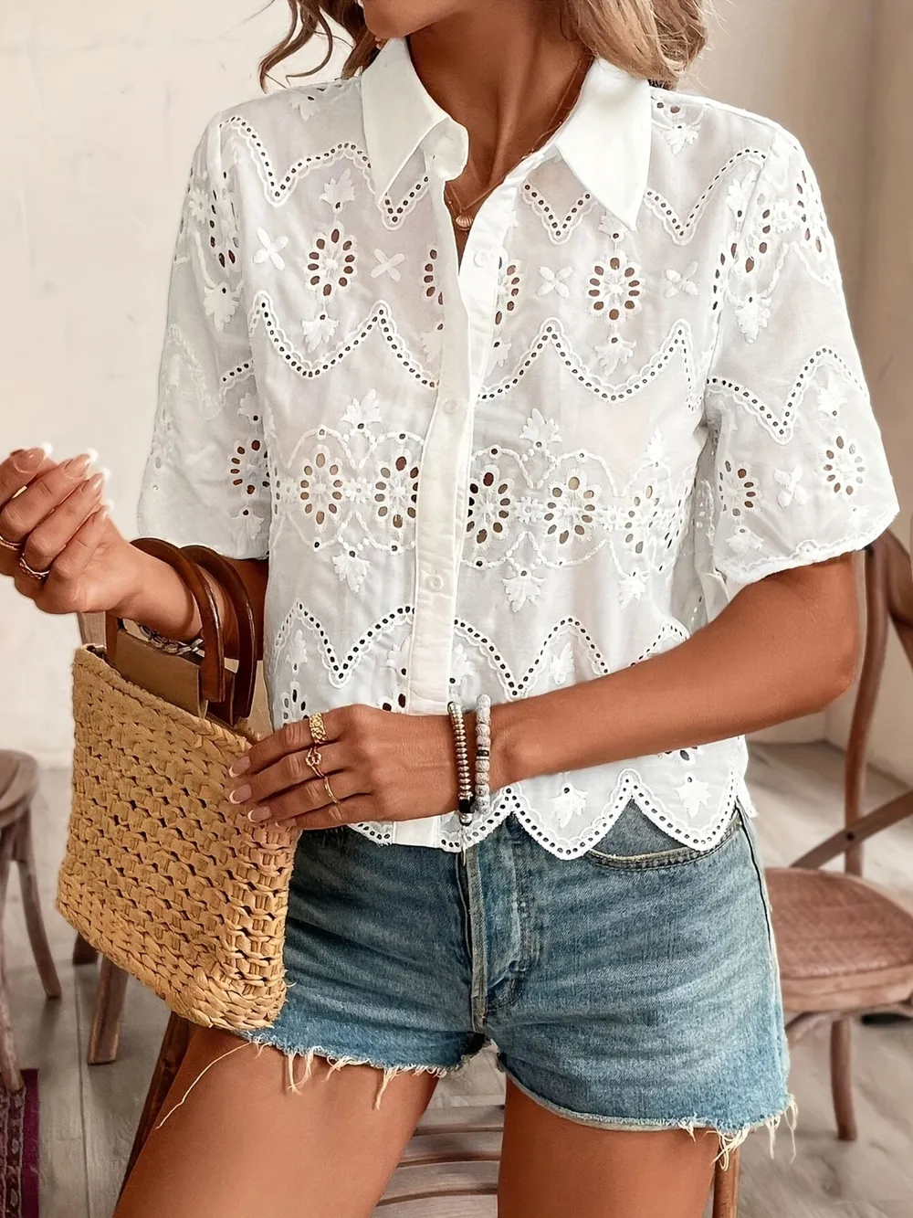 Eyelet Lace Short Sleeve Button-Up Shirt, image 3