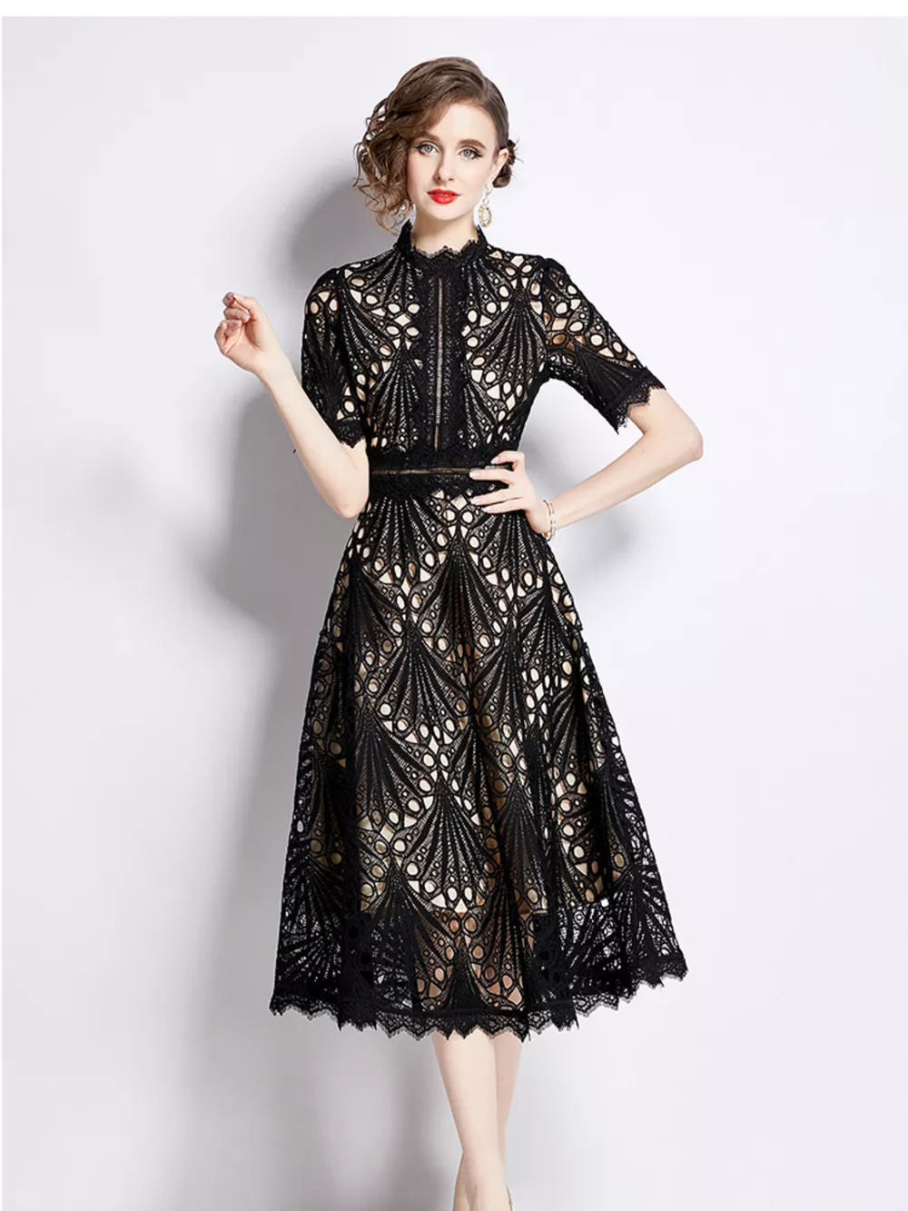 Full Size Lace Short Sleeve Midi Dress Plus Size, image 3