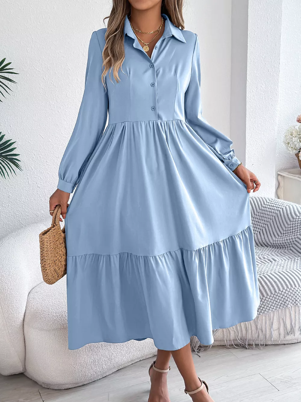 Long Sleeve Tiered Button Front Midi Dress, image 30