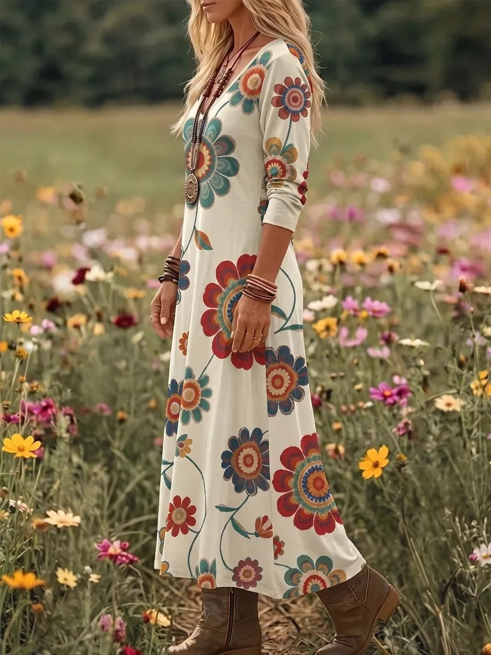 Floral Print V-Neck Long Sleeve Maxi Dress, image 3