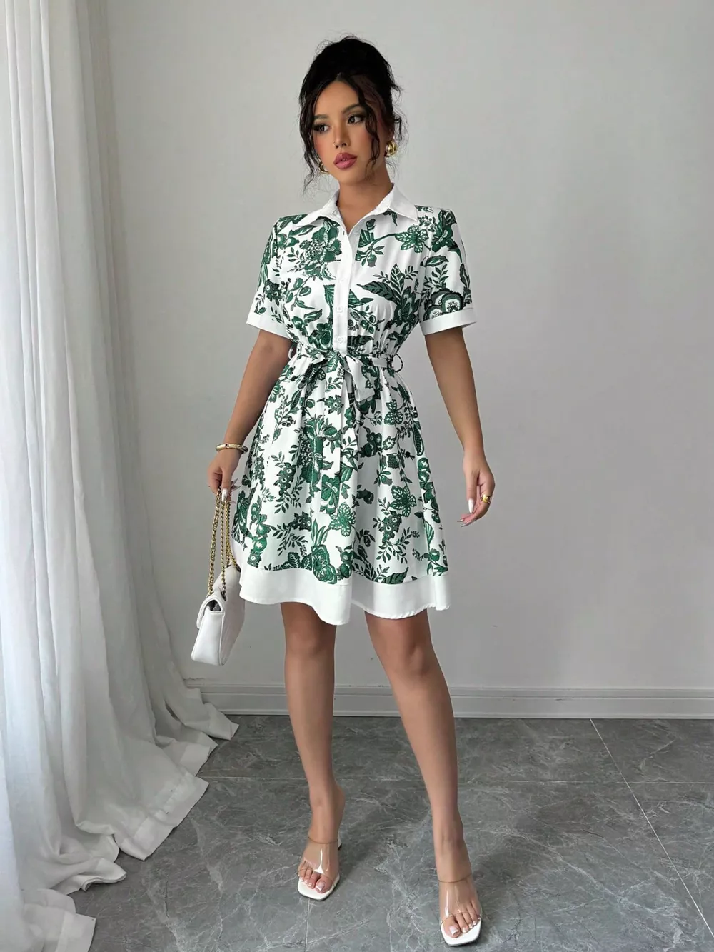 Printed Button Front Mini Dress, image 7