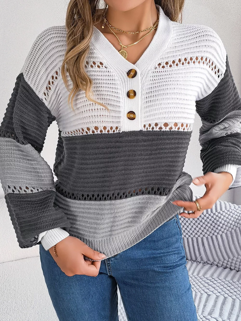 Color Block Striped V-Neck Button Detail Sweater, image 11