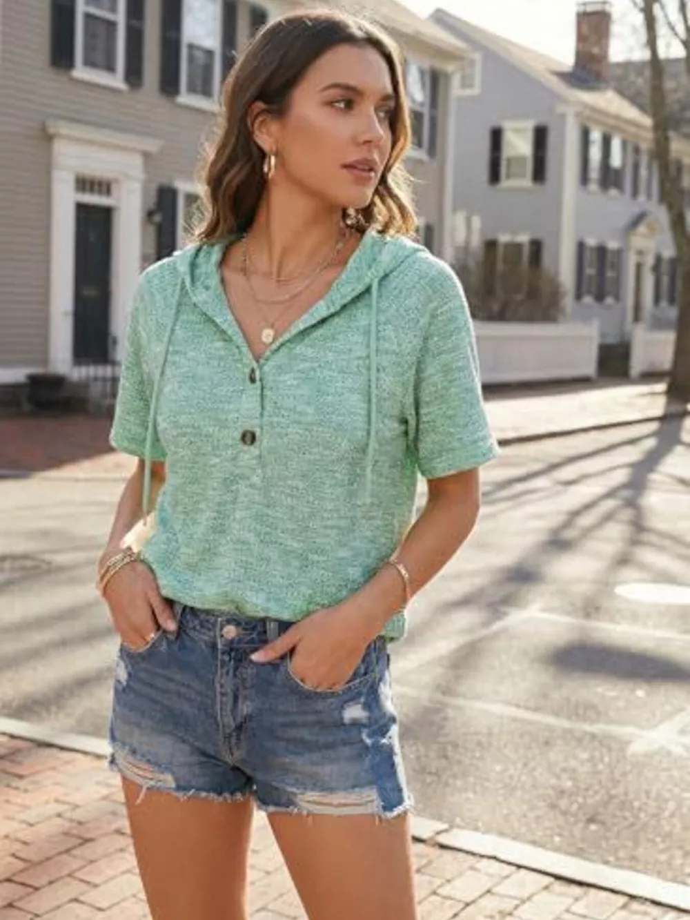 Drawstring Short Sleeve Hooded Top, image 10