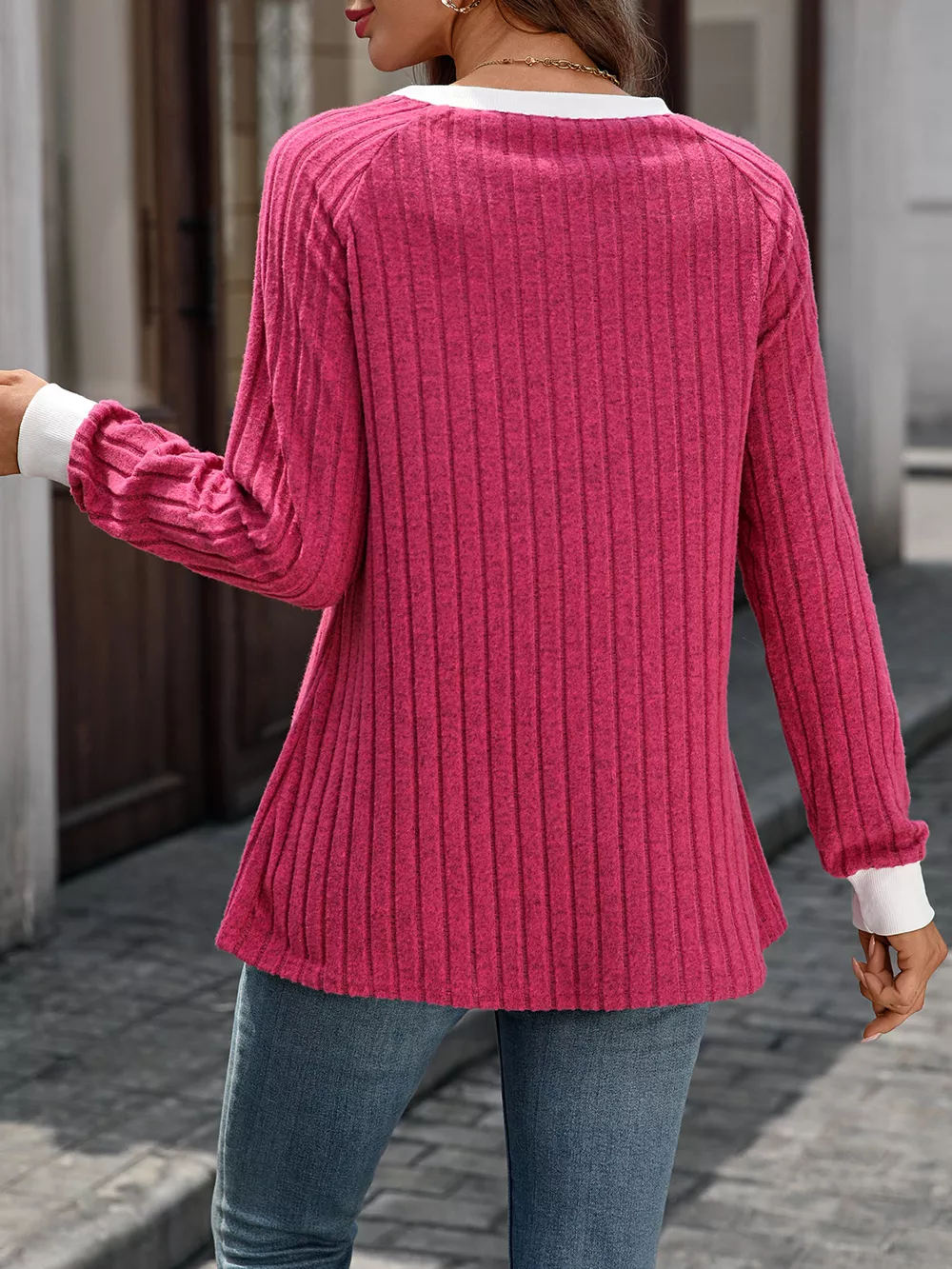 Ribbed Round Neck Raglan Sleeve Knit Top, image 21