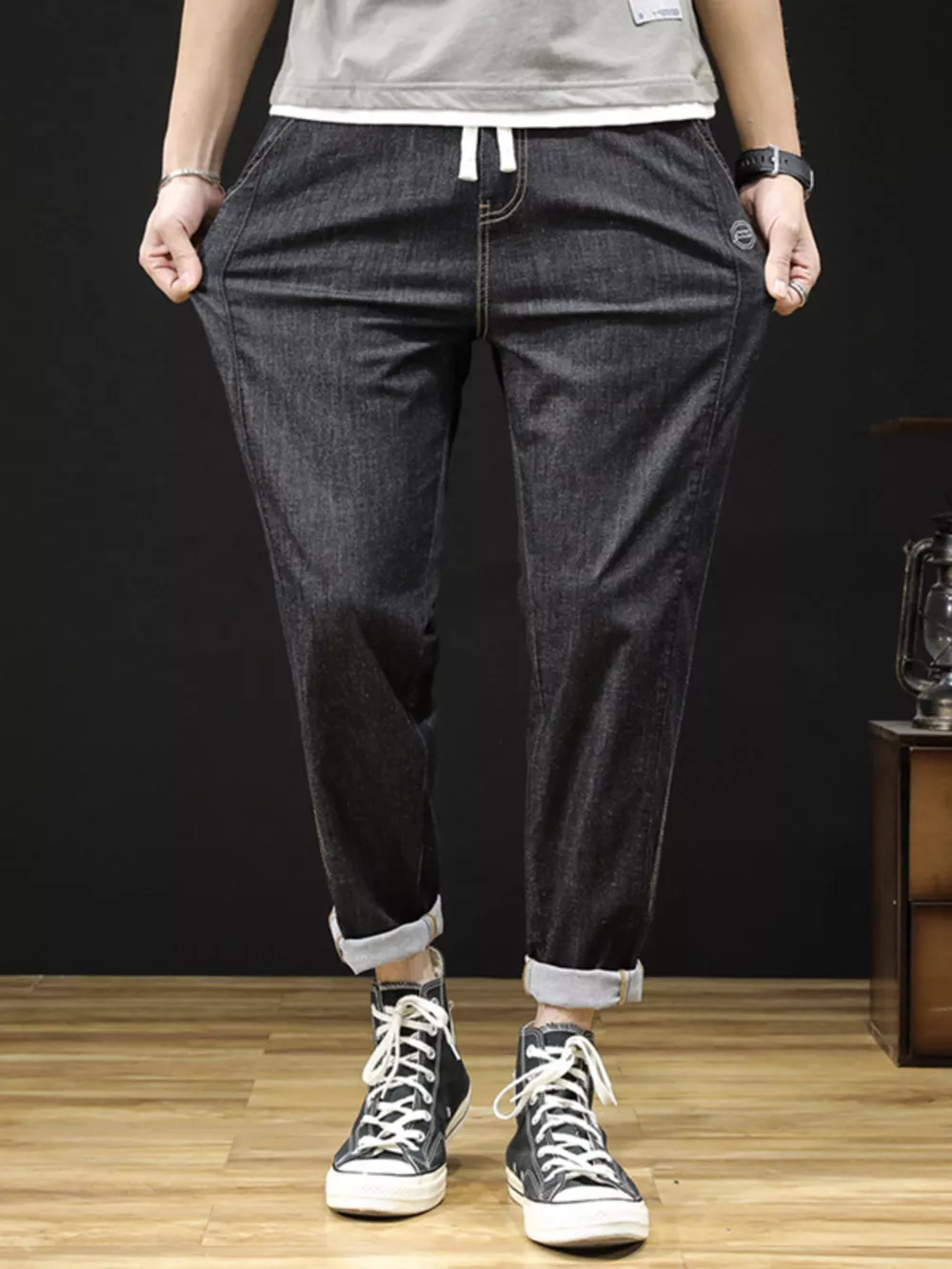 Men's Plus Size Drawstring Straight Leg Jeans