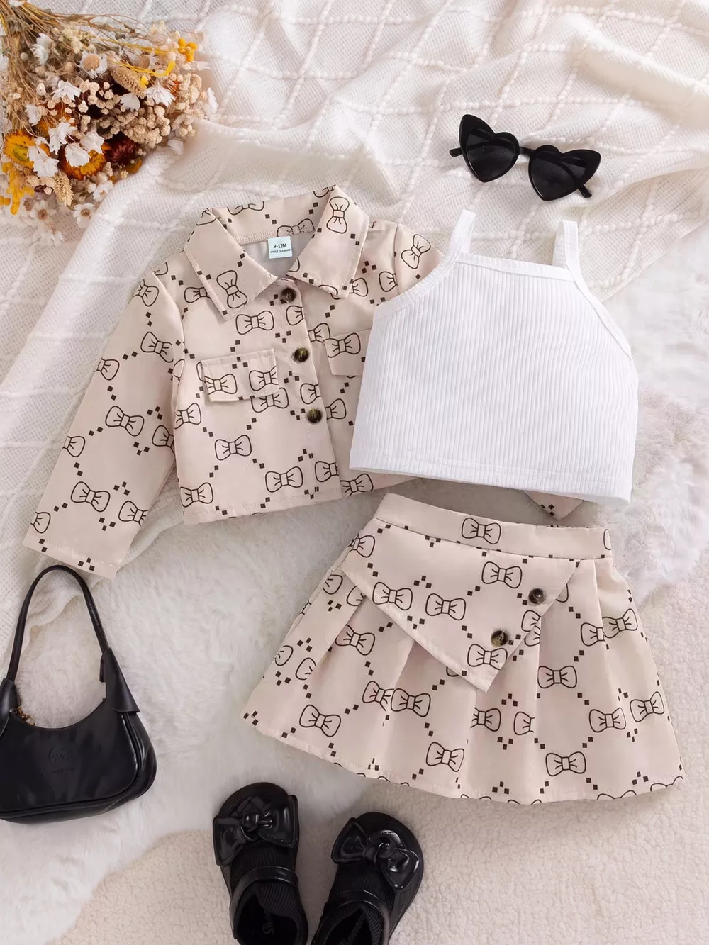 Children's Chic Bow-Print Jacket and Pleated Skirt Set with Ribbed Tank