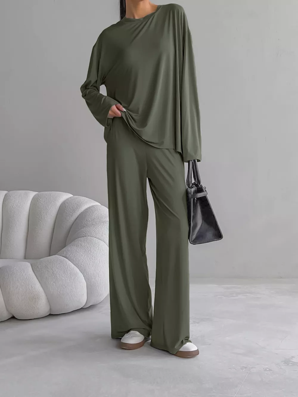 Solid Color Long Sleeve Top and Pants Set, image 7