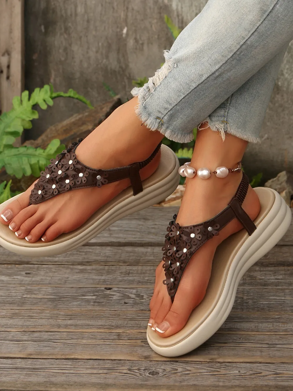 Studded T-Strap Wedge Sandals, image 8