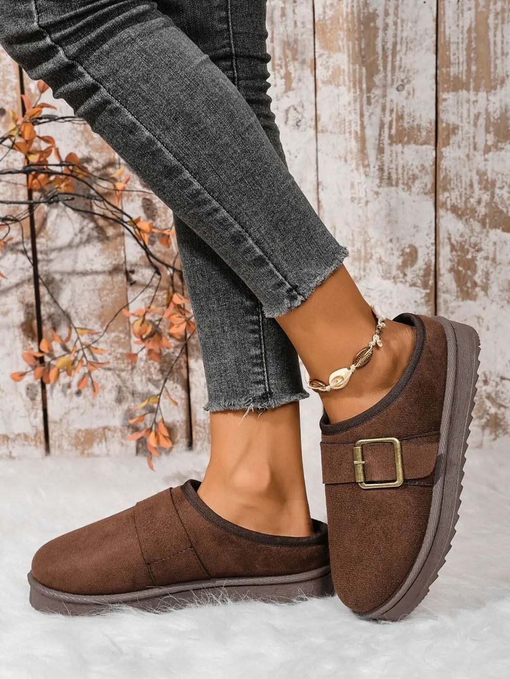 Cozy Buckle Suede Winter Slippers, image 7