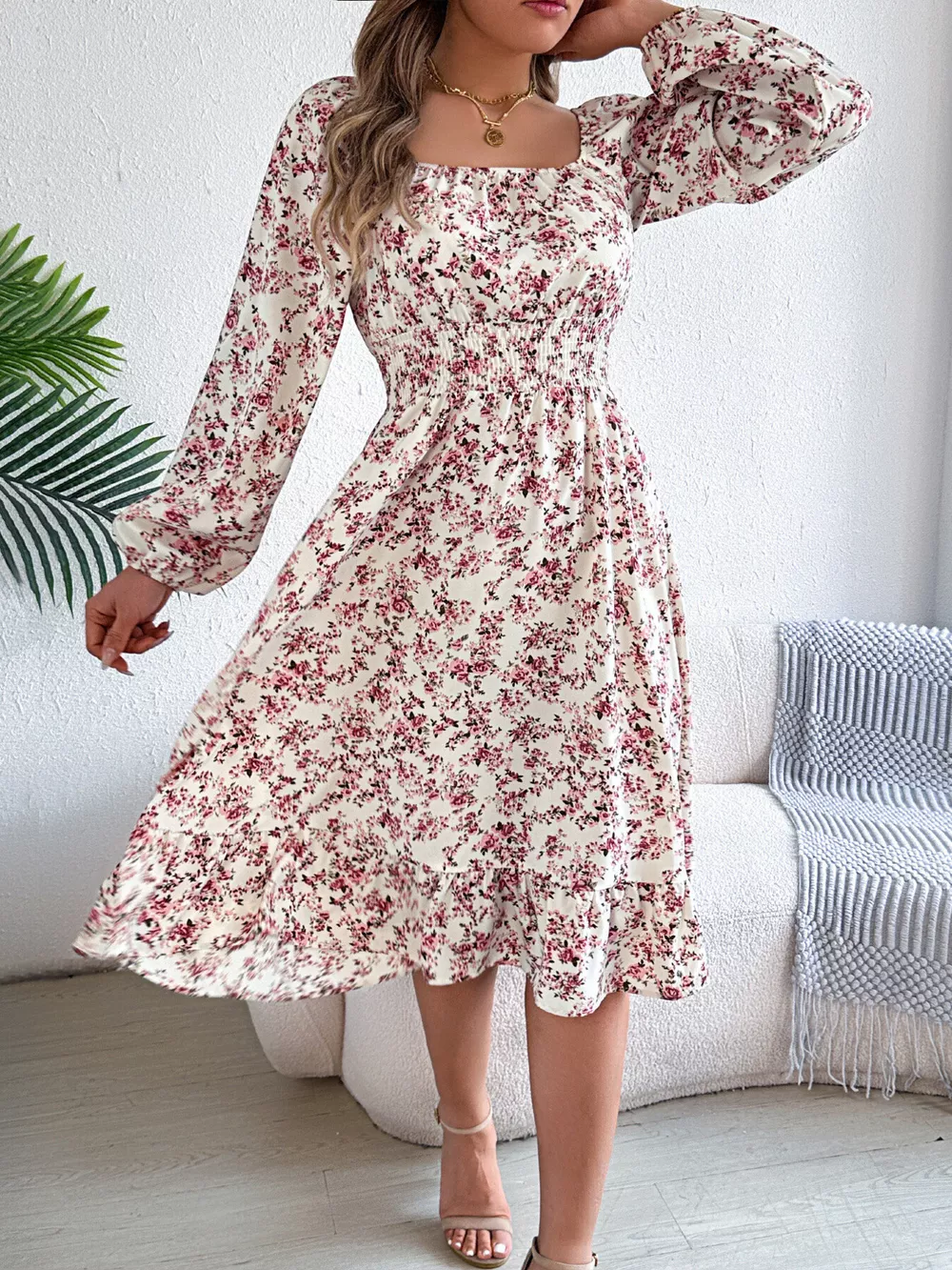 Floral Print Long Sleeve Square Neck Midi Dress, image 22