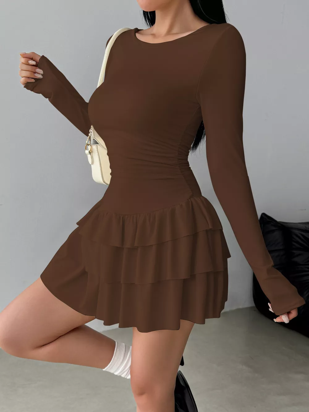 Ruched Long Sleeve Layered Ruffle Mini Dress, image 9