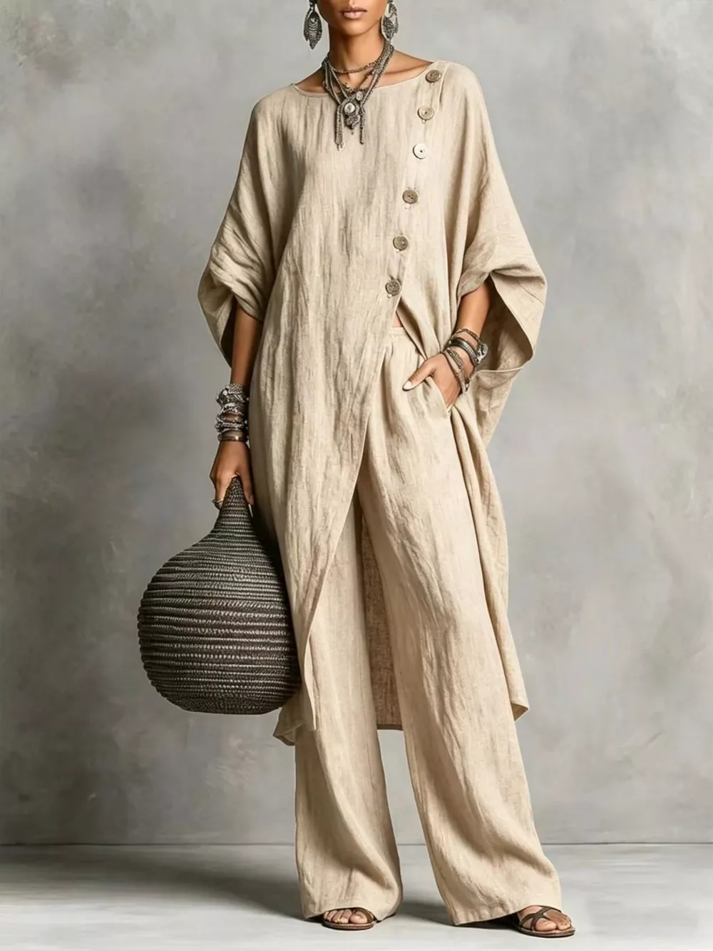 Full Size Asymmetric Button-Down Top and Wide-Leg Pants Set Plus Size, image 6