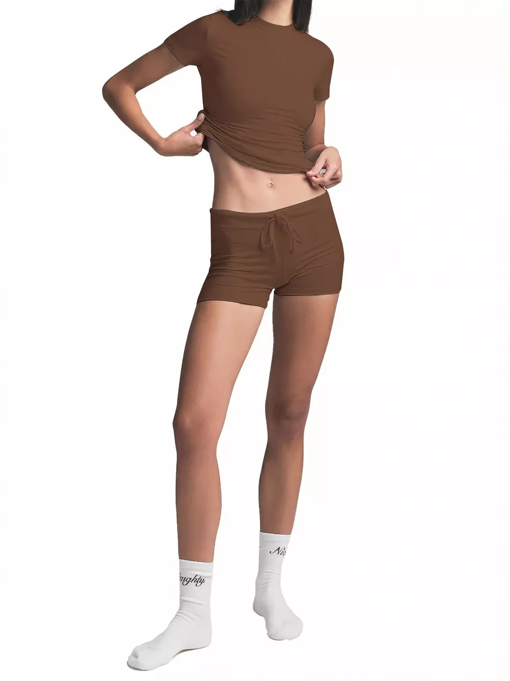 Mock Neck Crop Top and Drawstring Shorts Set, image 3