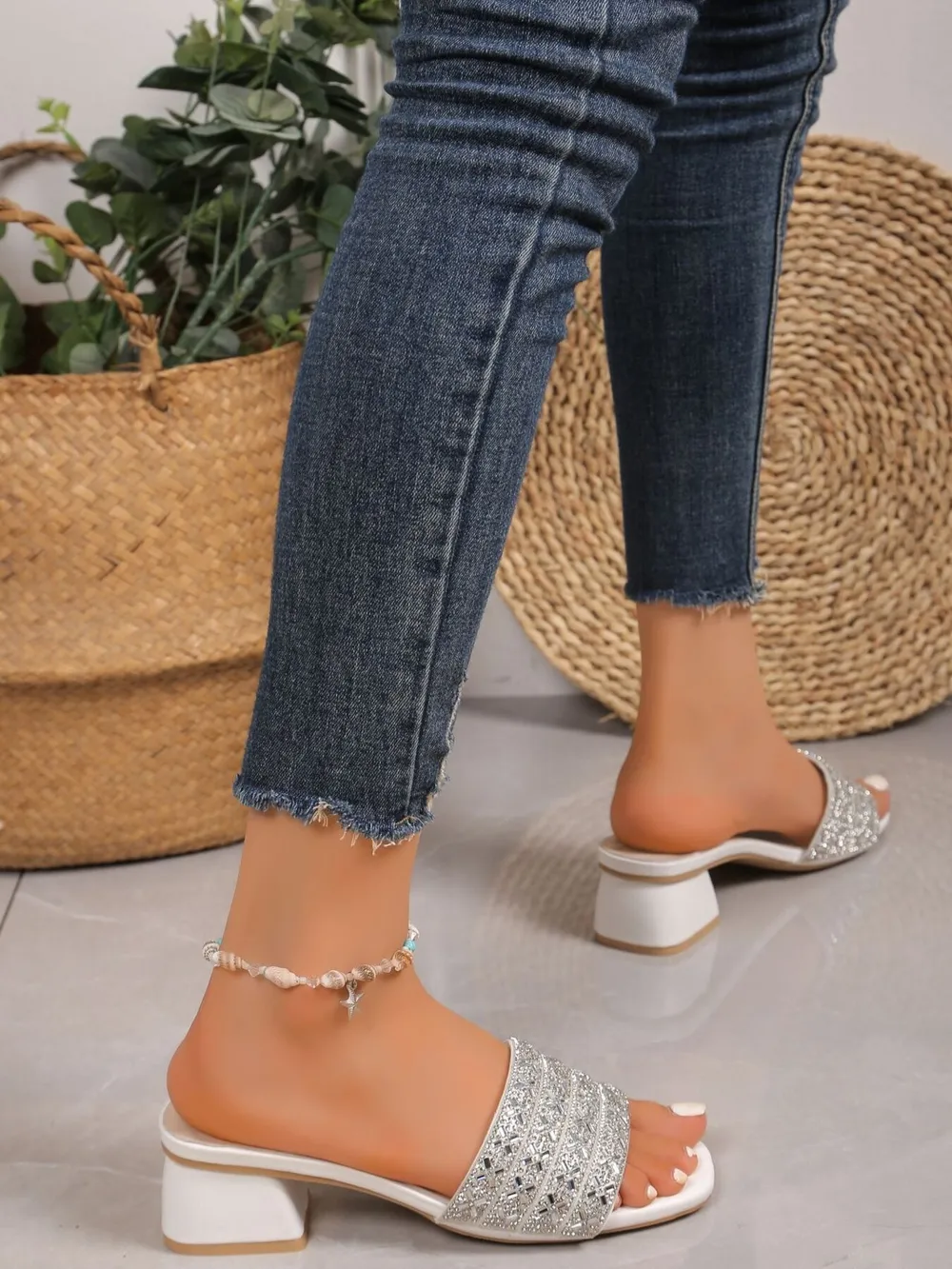 Rhinestone Open Toe Block Heels Sandals, image 6