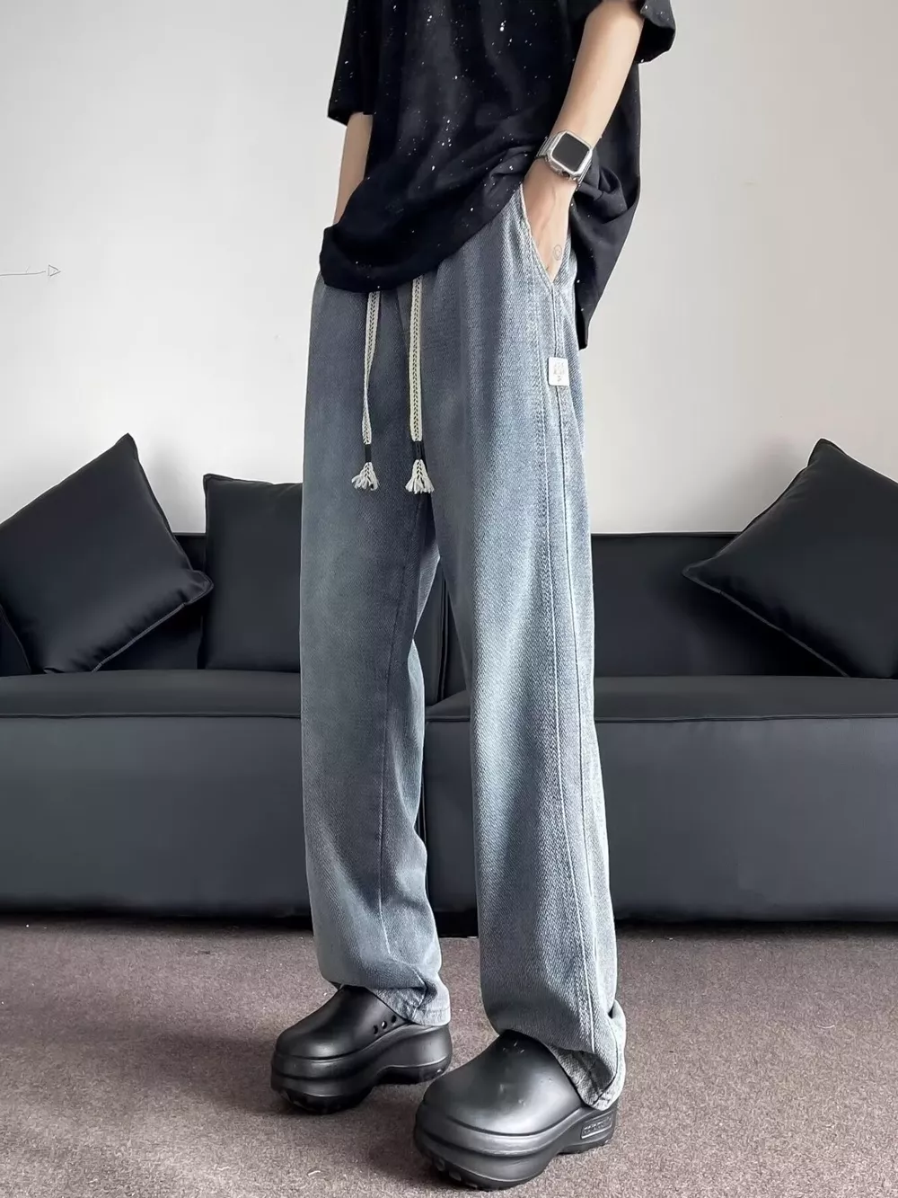 Men's Plus Size Drawstring Washed Wide Leg Jeans, image 2