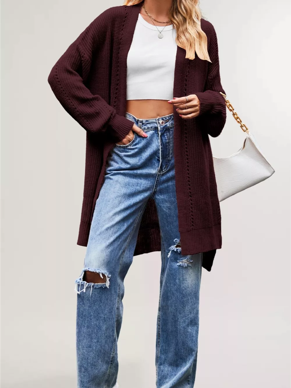 Open Front Openwork Knit Longline Cardigan, image 7