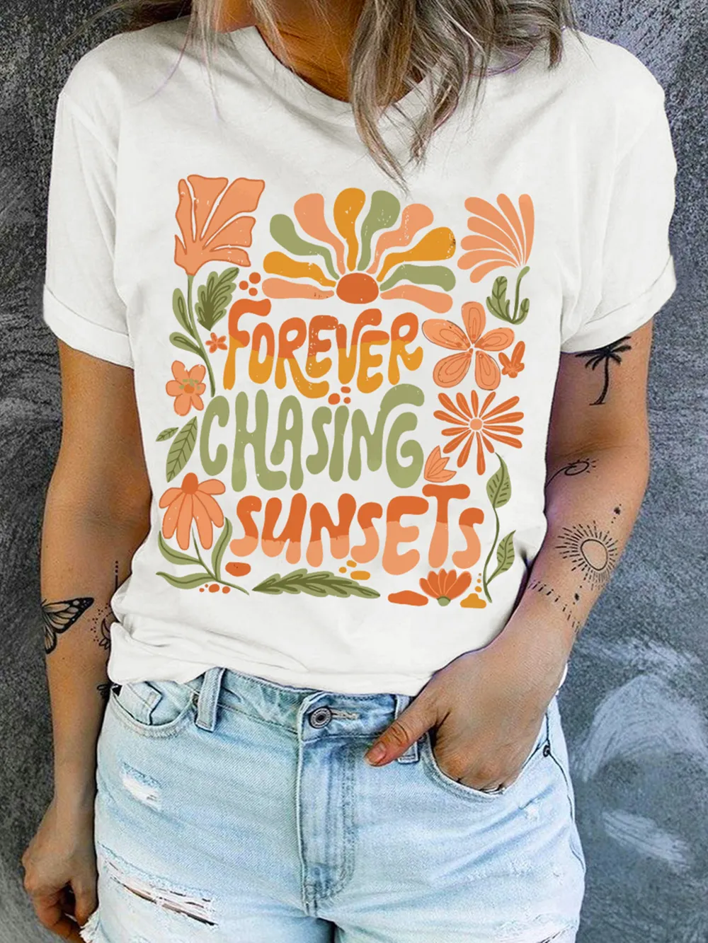 FOREVER CHASING SUNSETS Round Neck T Shirt, image 4