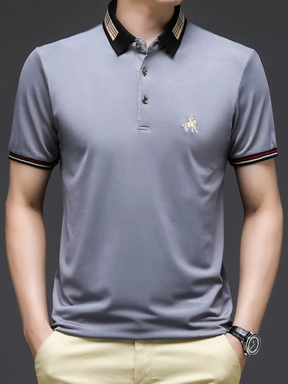 Men's Plus Size Contrast Collar Embroidered Detail Polo, image 6