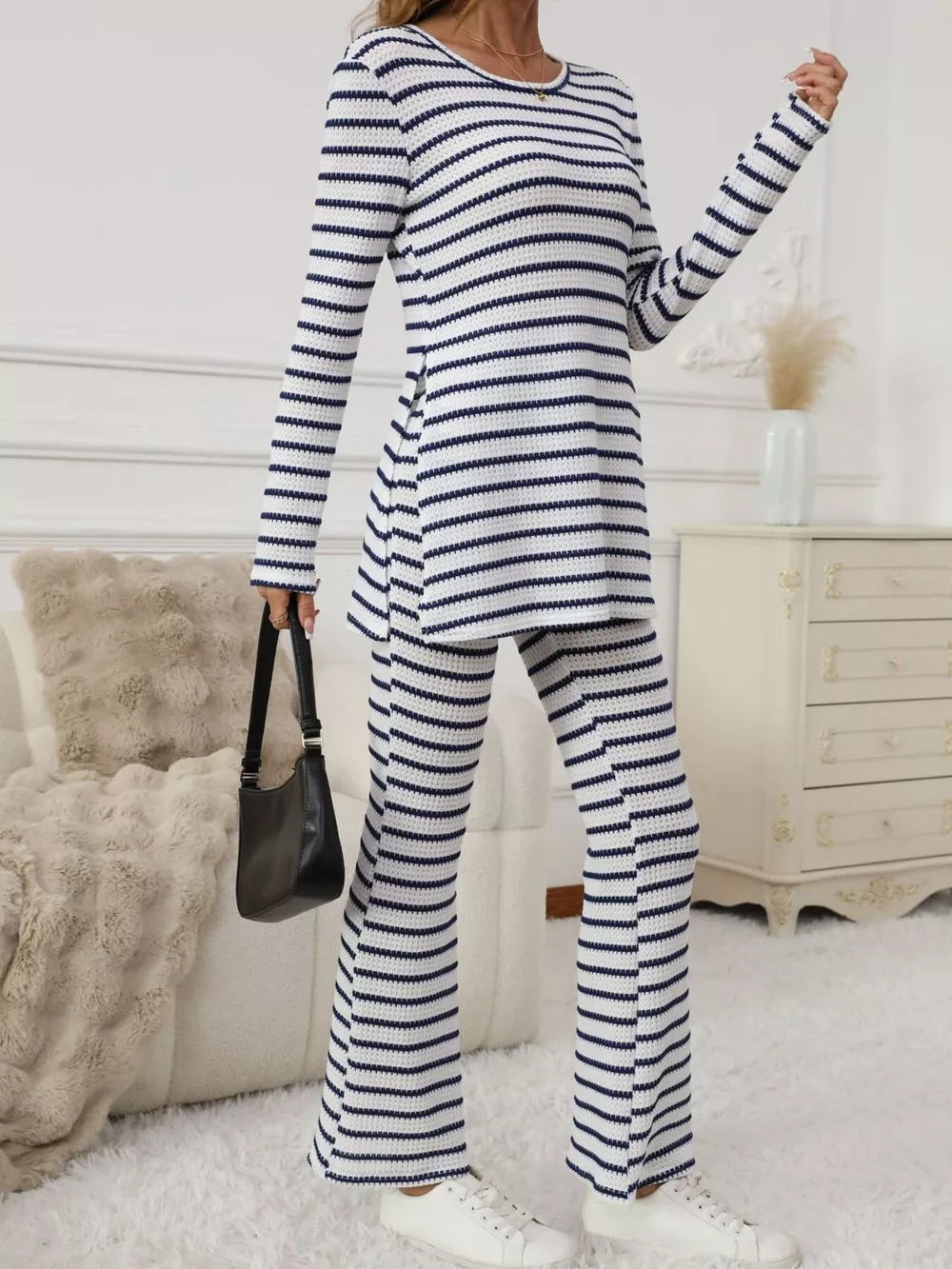 Slit Striped Long Sleeve Top and Pants Set, image 2