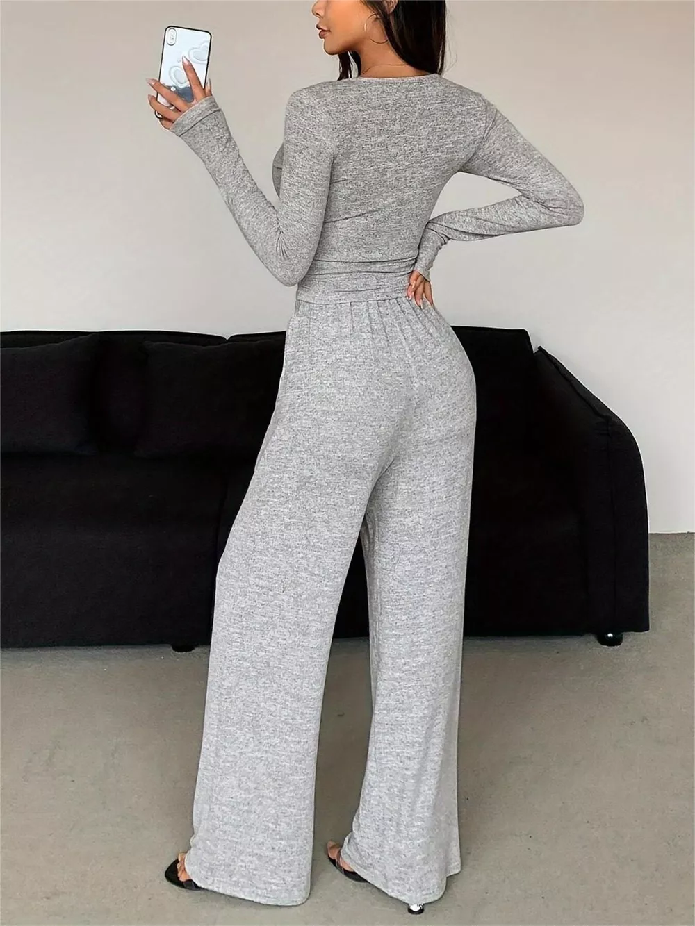 Button Detail Long Sleeve Top and Wide-Leg Pants Set, image 9