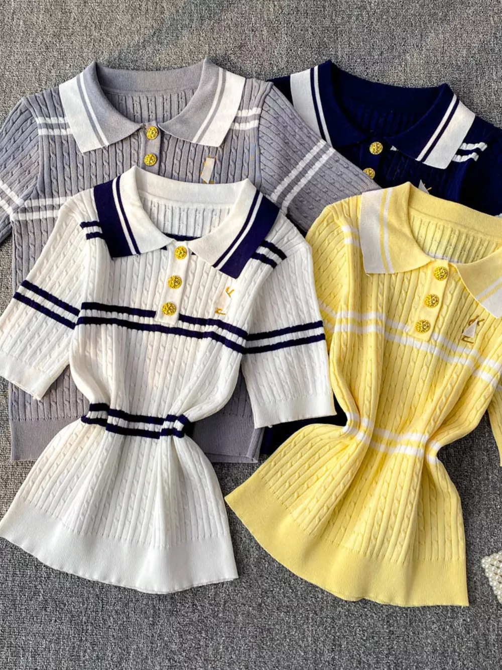 Striped Knit Polo Collar Top, image 2