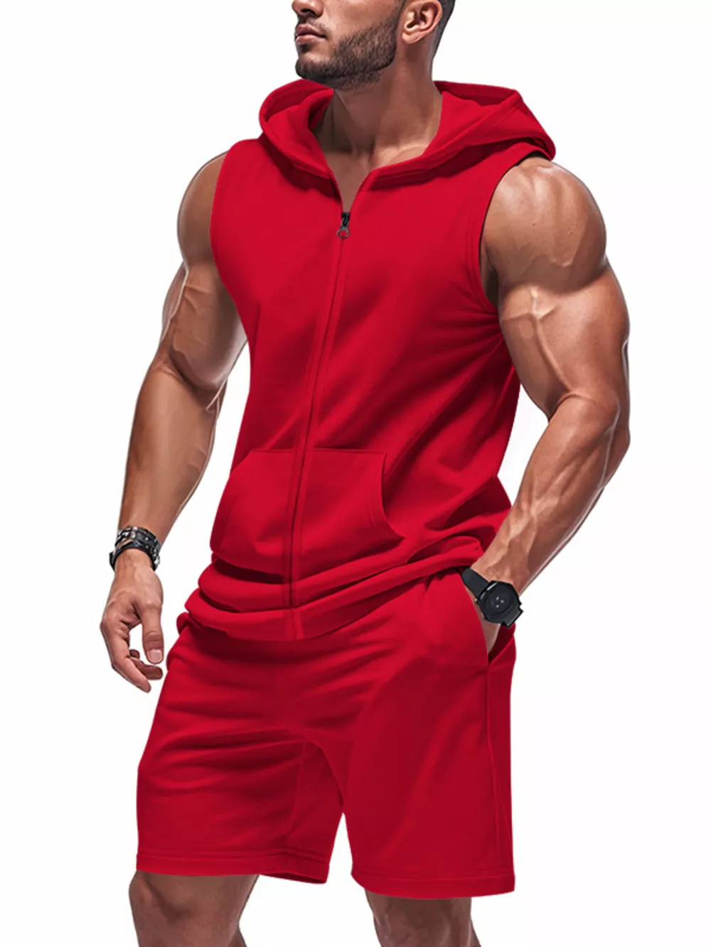 Men's Full Size Zip Up Sleeveless Hoodie & Shorts Set Plus Size, image 2