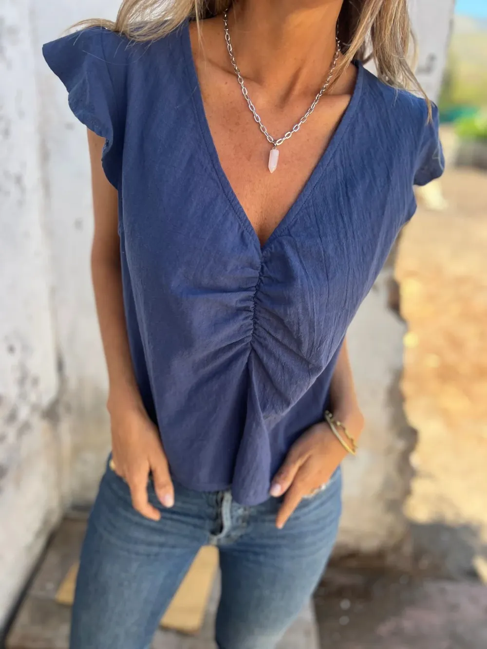 Full Size Ruched V-Neck Cap Sleeve Blouse Plus Size, image 3