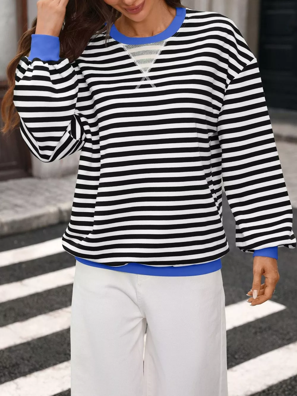 Contrast Trim Striped Crew Neck Sweatshirt, image 2