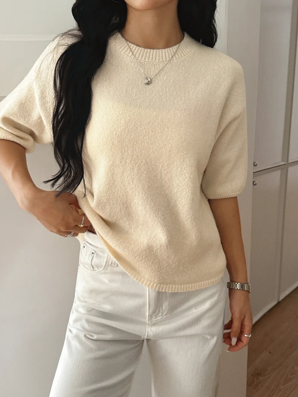 Ribbed Hem Round Neck Sweater, image 3