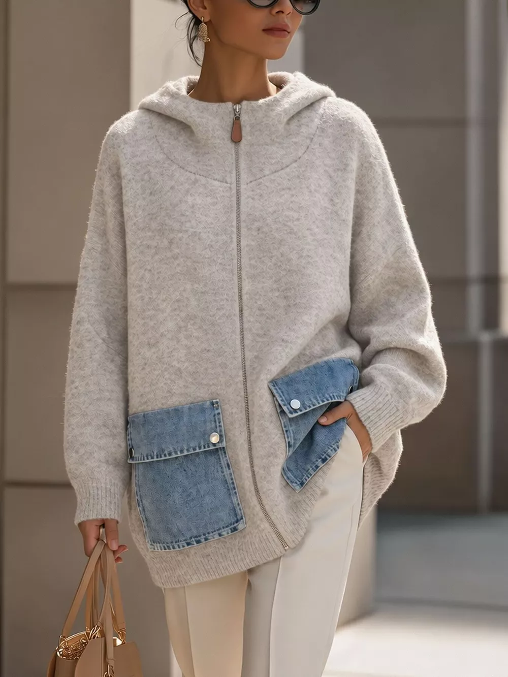 Contrast Denim Pockets Hooded Cardigan, image 4
