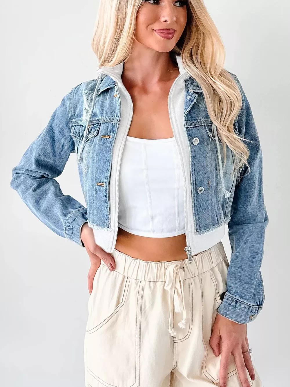 Distressed Zip Up Cropped Hooded Denim Jacket, image 18