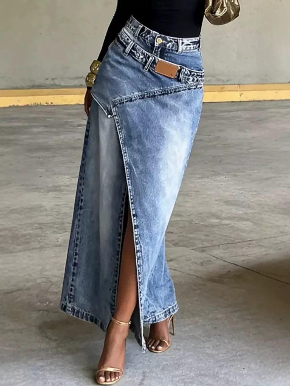 High-Waisted Asymmetric Slit Denim Maxi Skirt, image 2