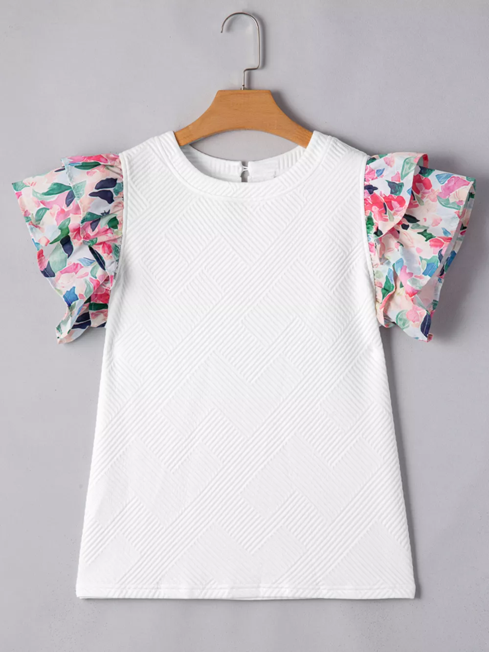 Abstract Print Tiered Ruffled Sleeve Textured Knit Top, image 8