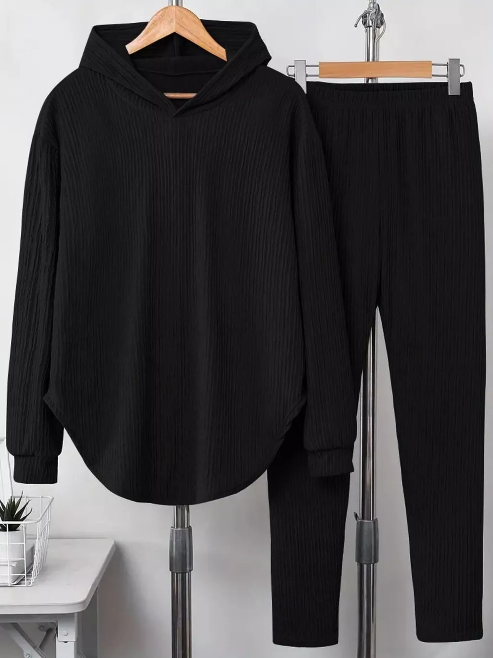 Textured Long Sleeve Hoodie and Pants Set